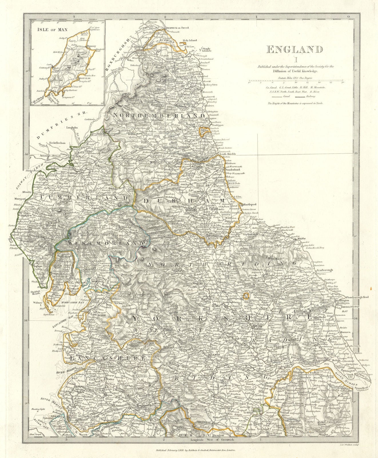 ENGLAND NORTH.Yorkshire Cumbs Lancs Durham Northumbs;Isle of Man.SDUK 1844 map